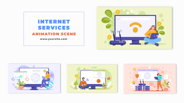 Animated Scene Featuring 2D Vector Characters and Internet Services
