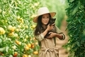 Holding cute kitten in hands. Little girl is in the garden with tomatoes - PhotoDune Item for Sale