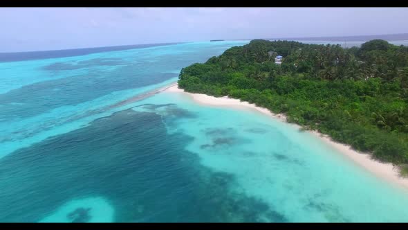 Aerial flying over landscape of paradise bay beach trip by transparent ocean and white sand backgrou