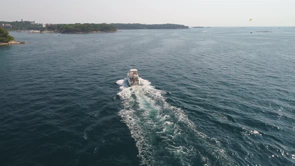 Aerial view of Luxury speed boat sailing on Adriatic Sea in Istria, Croatia