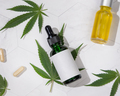 Dropper bottles with CBD oil and capsules near cannabis leaves top view, hard shadows - PhotoDune Item for Sale