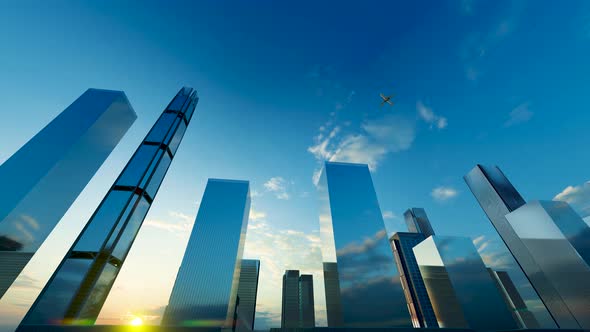 The Plane Flies Over The Buildings