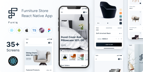 Funiq - Furniture Store React Native App | Expo SDK 49.0.8 | TypeScript | Redux Store | Admin Panel
