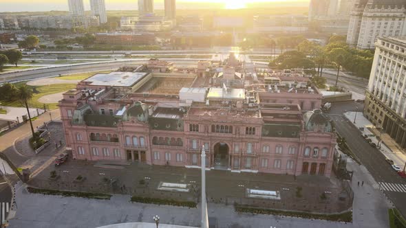 Aerial Drone Scene flying down Casa Rosada, Buenos Aires, Argentina, the presidential pink house. Wa