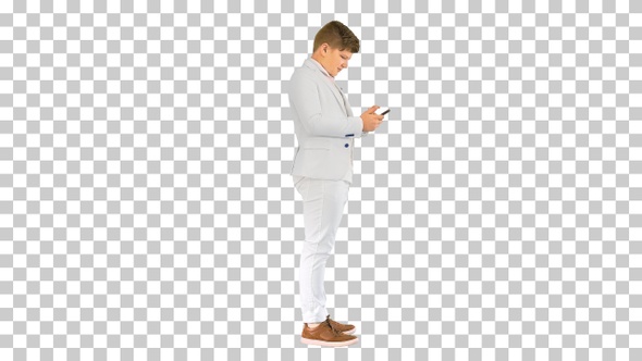 Young teenager boy in business suit using, Alpha Channel