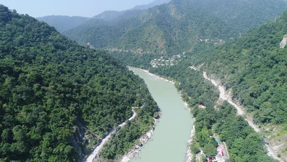 The Ganges river close to Rishikesh state of Uttarakhand in India from the sky