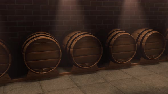 Wine Cellar with Oak Wooden Barrels with Luxury Whiskey Beer or Alcohol Drinks