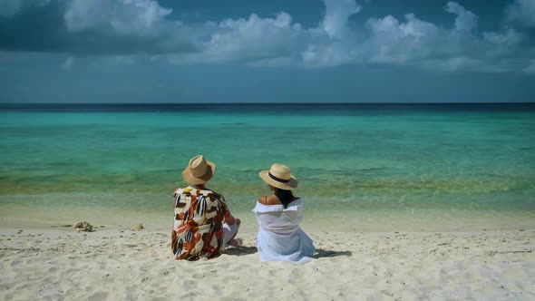 Couple Men and Woman Mid Age on the Beach of Curacao Grote Knip Beach Curacao Dutch Antilles