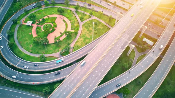 drone flying over interchange and multi junction road