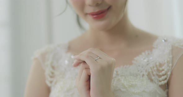 Slow Motion Smiling Beautiful Asian Bride In Wedding Dress Praying To The God.