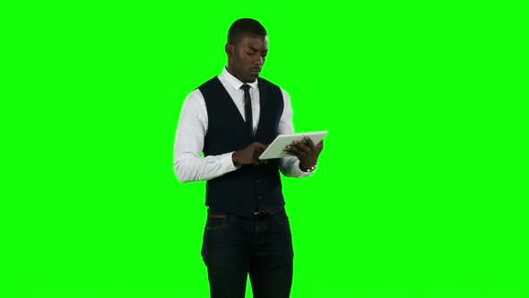 Businessman Using Digital Tablet Pc. Green Screen