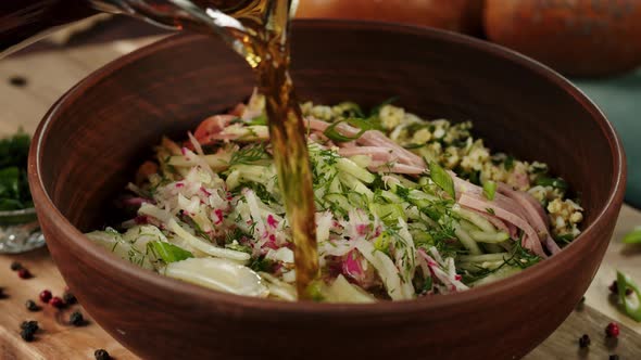 Pouring Kvass Into Salad Closeup Cooking Okroshka Summer Cold Soup