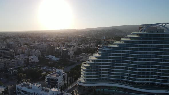 Embankment of Limassol in Cyprus. Modern architecture and old town. Skyscrapers.