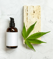 One pump Cosmetic bottle and green cannabis leaves on stone top view. CBD cosmetic - PhotoDune Item for Sale