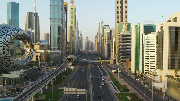 Aerial view of Dubai downtown with Emirates towers, United Arab Emirates.