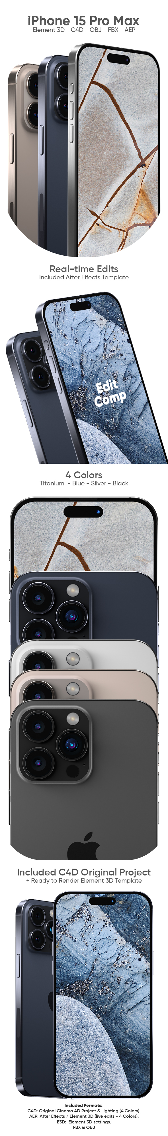 iPhone 15 Pro Max 3D Model for Element 3D & Cinema 4D