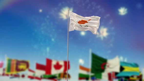 Cyprus Flag With World Globe Flags And Fireworks 