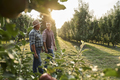 Two caucasian farmers walking along orchard field during sunset - PhotoDune Item for Sale