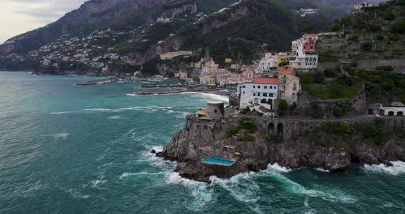 Tourist Attraction With Beachfront Resort Town In Amalfi Coast At Sorrentine Peninsula In Campania,