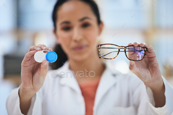 Hands, glasses and contact lens, woman with choice of eye care and help with optometry, vision and