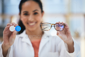 Hands, glasses and contact lenses, woman with choice of eye care and help with optometry, vision an