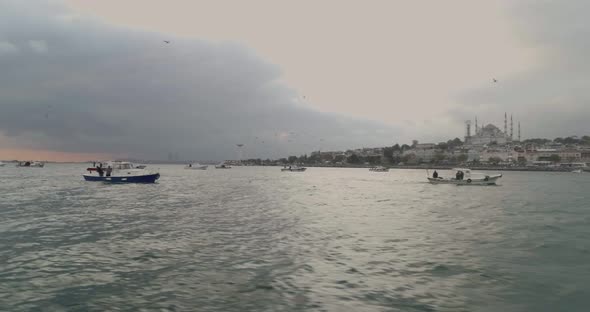 Fishing Boats Sailing Bosphorus Aerial View