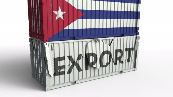 Container with EXPORT Text Being Crashed with Container with Flag of Cuba alt