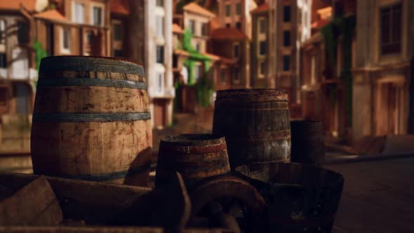 Old Wooden Wine Barrels in a Sea Town Port