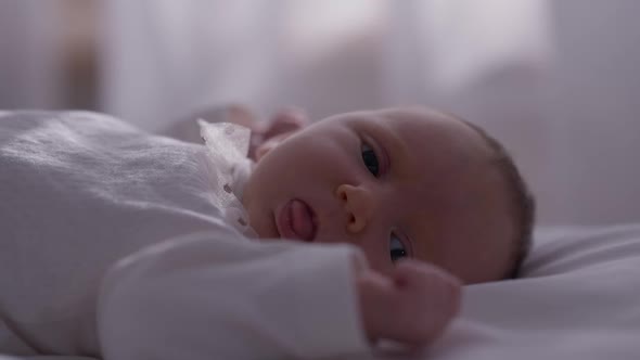 Closeup Face Little Newborn Baby Girl Lying on Bed at Home Looking at Camera Showing Tongue