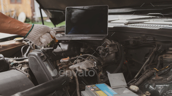 ing in for repair at the center. Professional engine specialist, car repair, car breakdown. Car maintenance and repair concept.