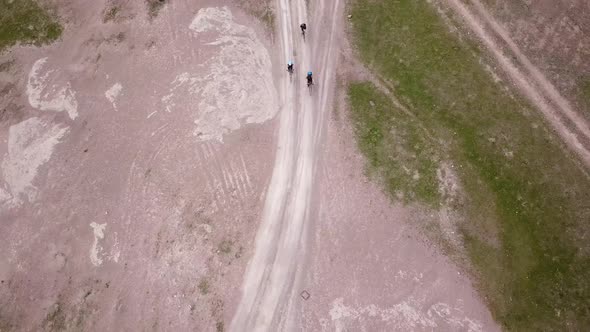 A Group of Cyclists Ride on the Green Steppe