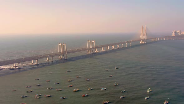 Mumbai, India, Worli sea link bridge, 4k aerial drone city skyline view