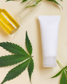 Cream tube near green cannabis leaves top view on beige, CBD cosmetics - PhotoDune Item for Sale