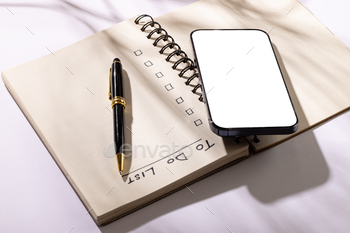 Image of notebook with to do list, pen and smartphone with copy space on white surface