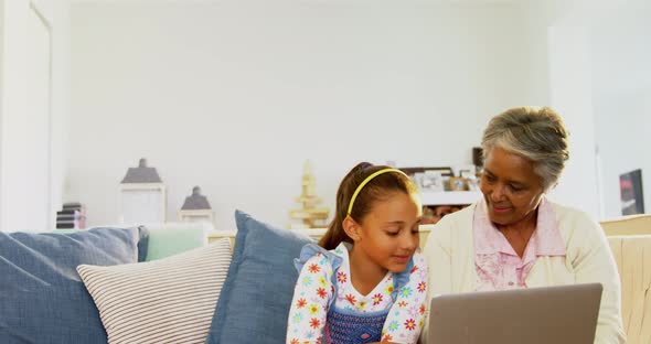 Grandmother and granddaughter using laptop in living room 4k