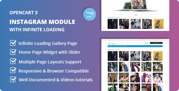 Instagram Module with Home Page Widget and Infinite Loading Page Gallery for Opencart