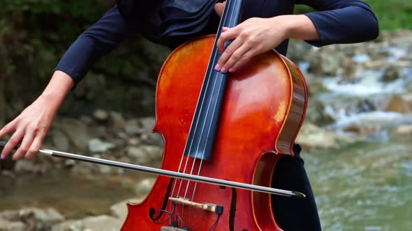 Woman plays the cello outdoors. Female musician playing the instrument on natural river background 