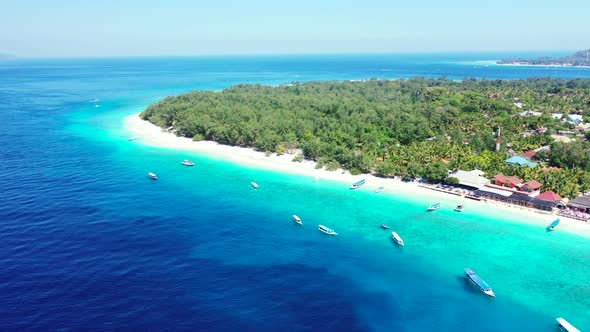 Aerial drone nature of tranquil bay beach journey by blue green ocean and white sand background of j