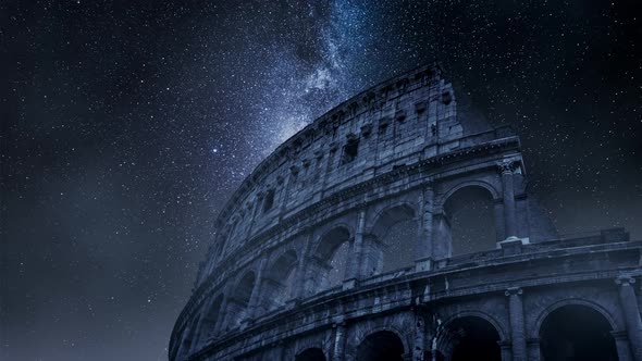 Colosseum in Rome with milky way and falling stars, Italy