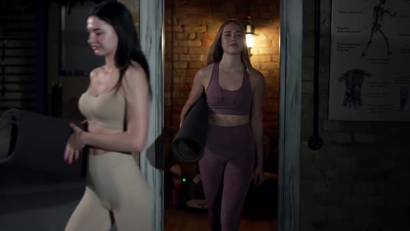 Three Confident Gorgeous Fit Sportswomen Entering Gym Leaving in Slow Motion