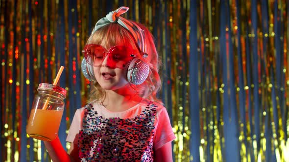 Stylish Trendy Child Kid Girl at Disco Party Cyberpunk Club with Pineapple Fruit Drinking Juice