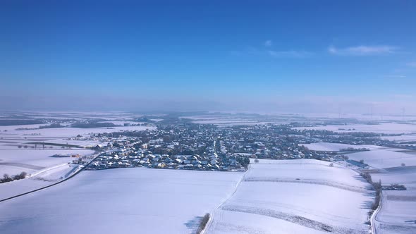 Snowscape At Zistersdorf Town Near Weinviertel Wine Quarter In Lower Austria. Aerial Wide Shot