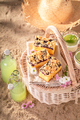 Blueberries yeast cake on beach on wicker basket in summer. - PhotoDune Item for Sale