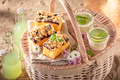 Sweet blueberries yeast cake served on beach with lemonade. - PhotoDune Item for Sale