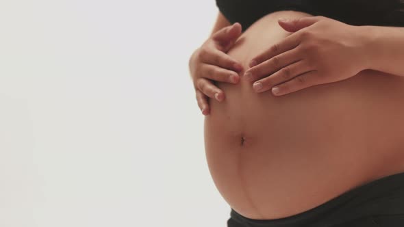 A Large Pregnant Belly on a White Background That Is Stroked By Hands. Closeup of a Pregnant Belly