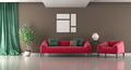 Living room with brown wall with red sofa and armchair - PhotoDune Item for Sale