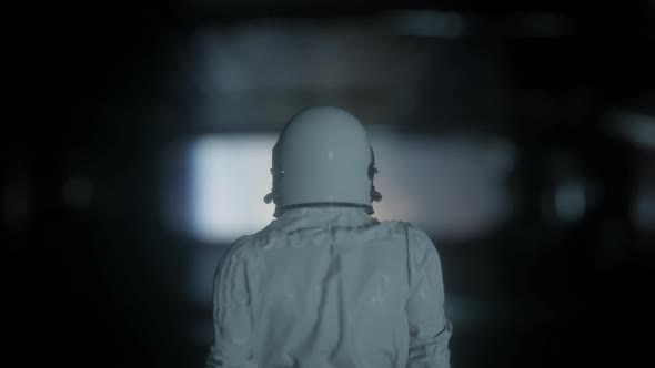 Alone Astronaut in Futuristic Space Corridor Room