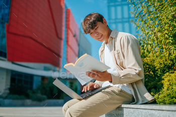 Asian Korean young man The Joy of Learning Laughing Through the Pages of Wisdom