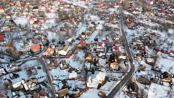 Aerial View of a Village in the Carpathian Mountains in Winter. Yaremche, Ukraine.