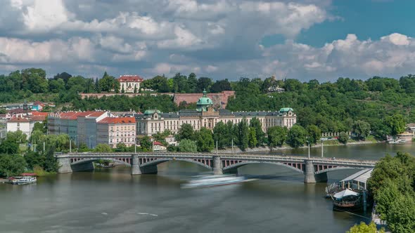 View of the Manes Bridge with a Building of the Czech Parliament Behind It Timelapse From Old Town